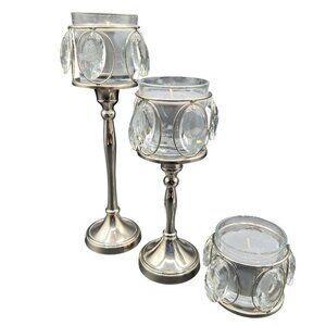 Crystal Pillar Silver Candle Holder 12" Set Of 3 Elegant Home Decor Centerpiece
